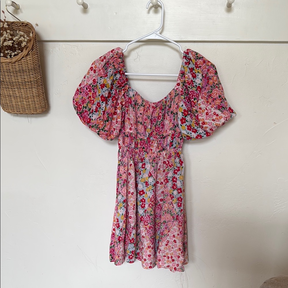 Pink Floral Puff-Sleeve Dress S